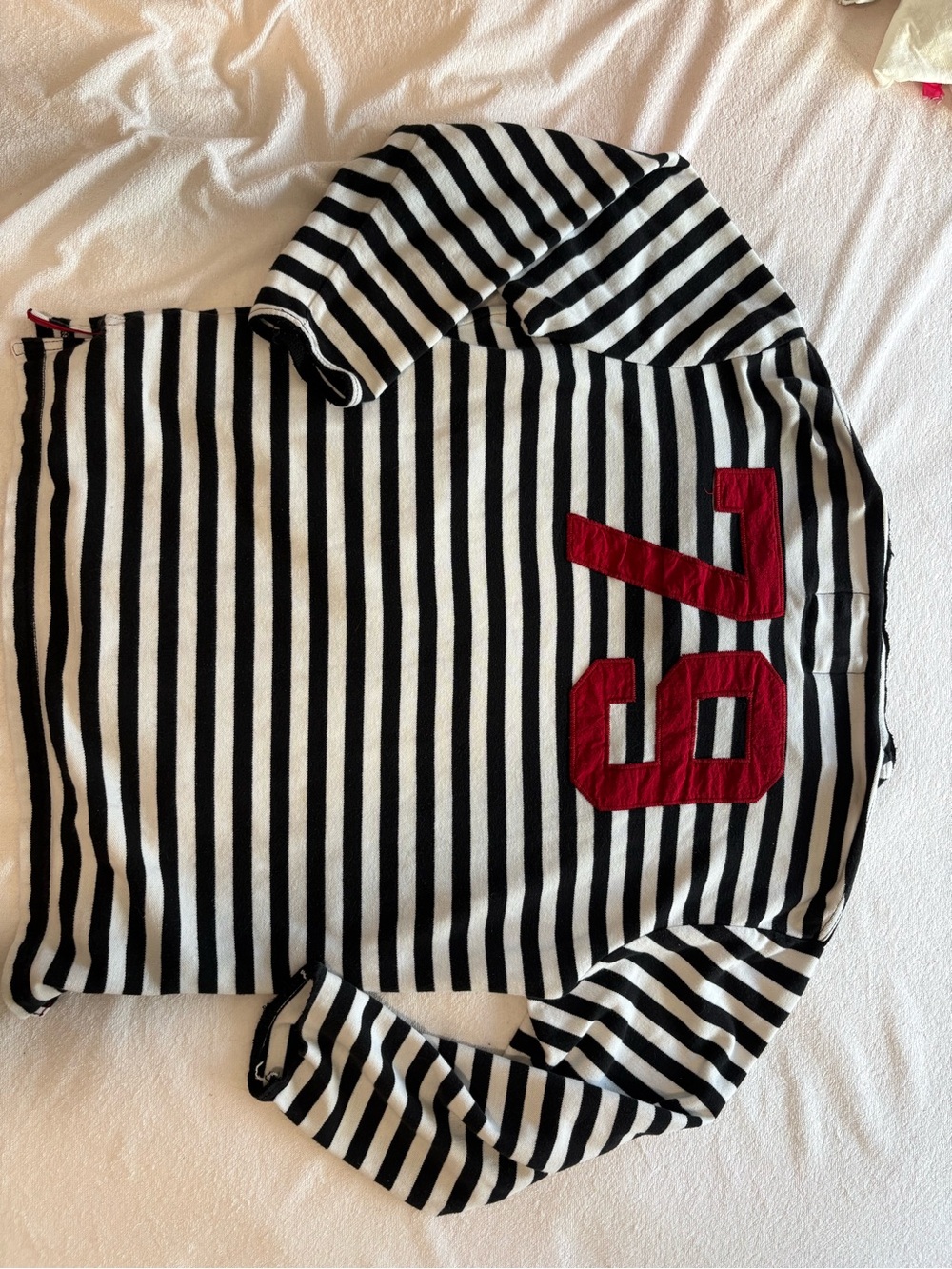 Vintage Black & White Striped Top with Red '97' Patch